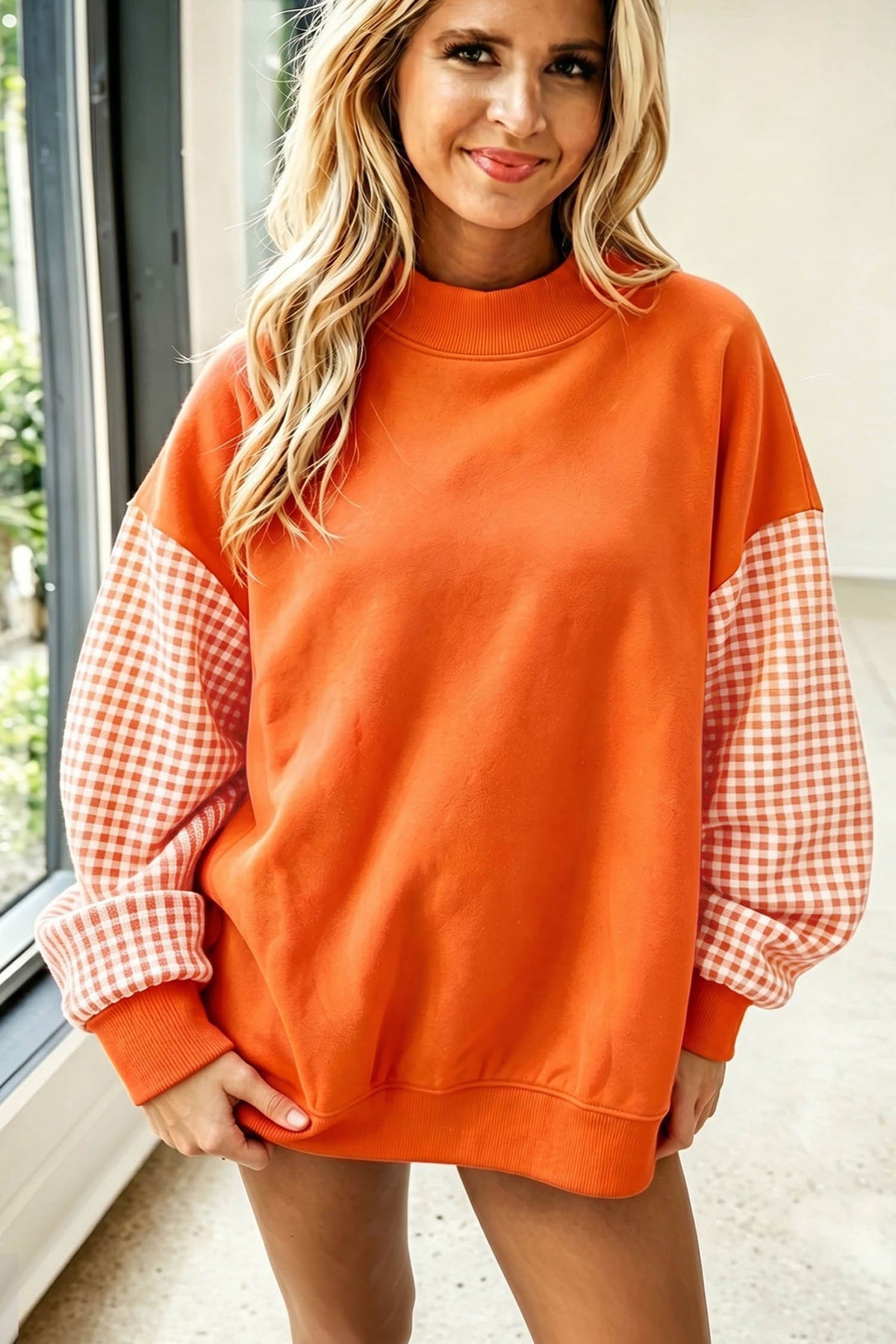 Dear-Lover plaid sleeve loose tunic sweatshirt in evergreen colorblock, casual long-sleeve top for women.