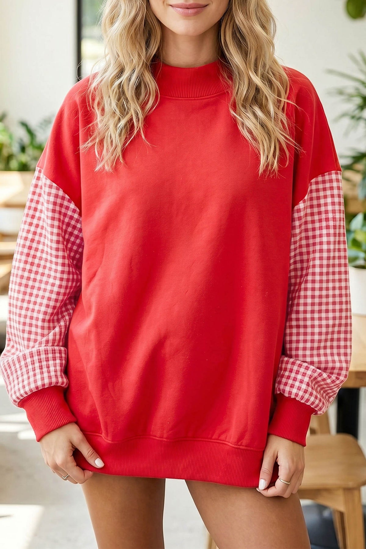 Dear-Lover plaid sleeve loose tunic sweatshirt in evergreen with colorblock design, casual fit, long sleeves, and comfy style.