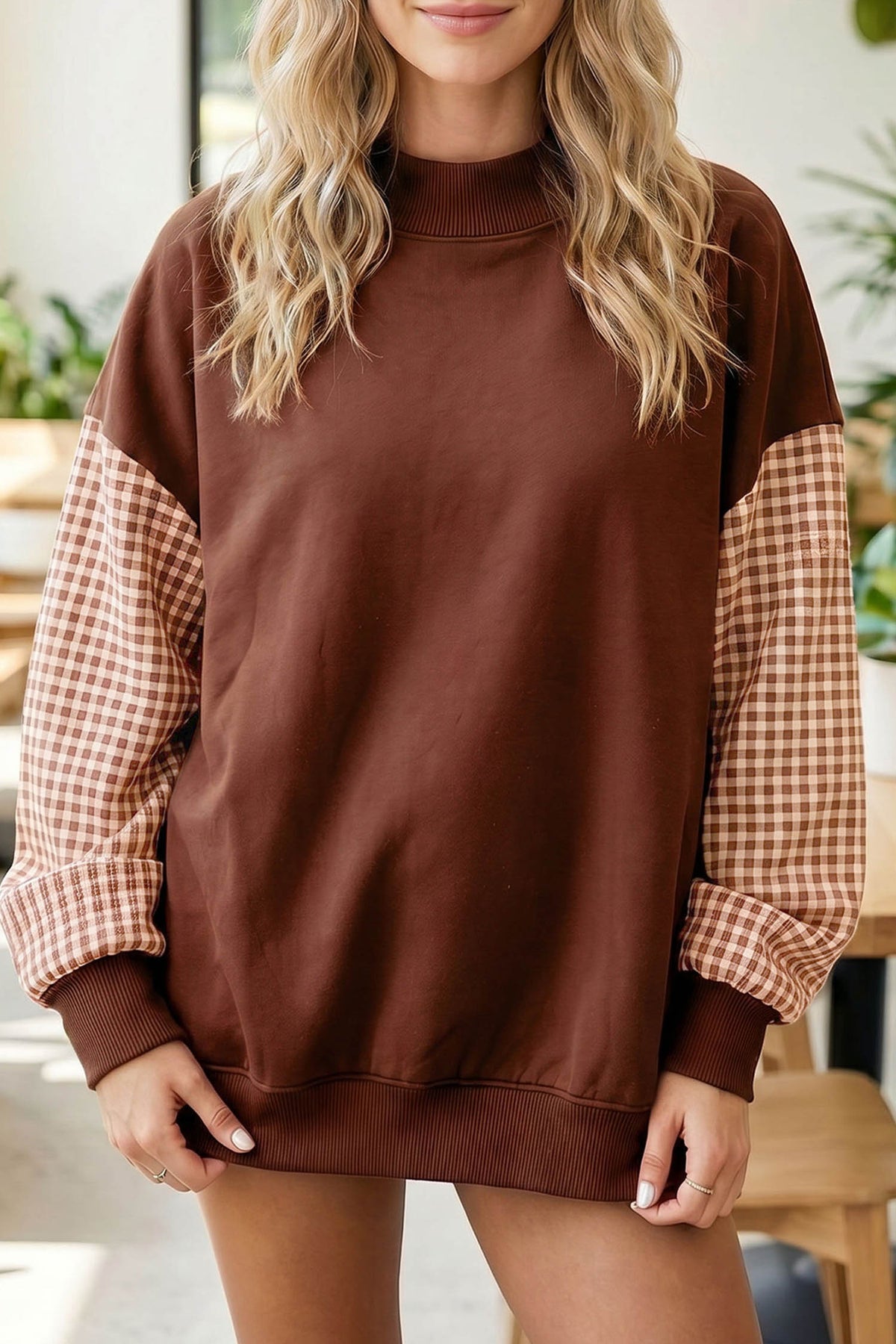Evergreen plaid sleeve colorblock loose tunic sweatshirt by Dear-Lover, casual sweatshirt with relaxed fit and stylish design