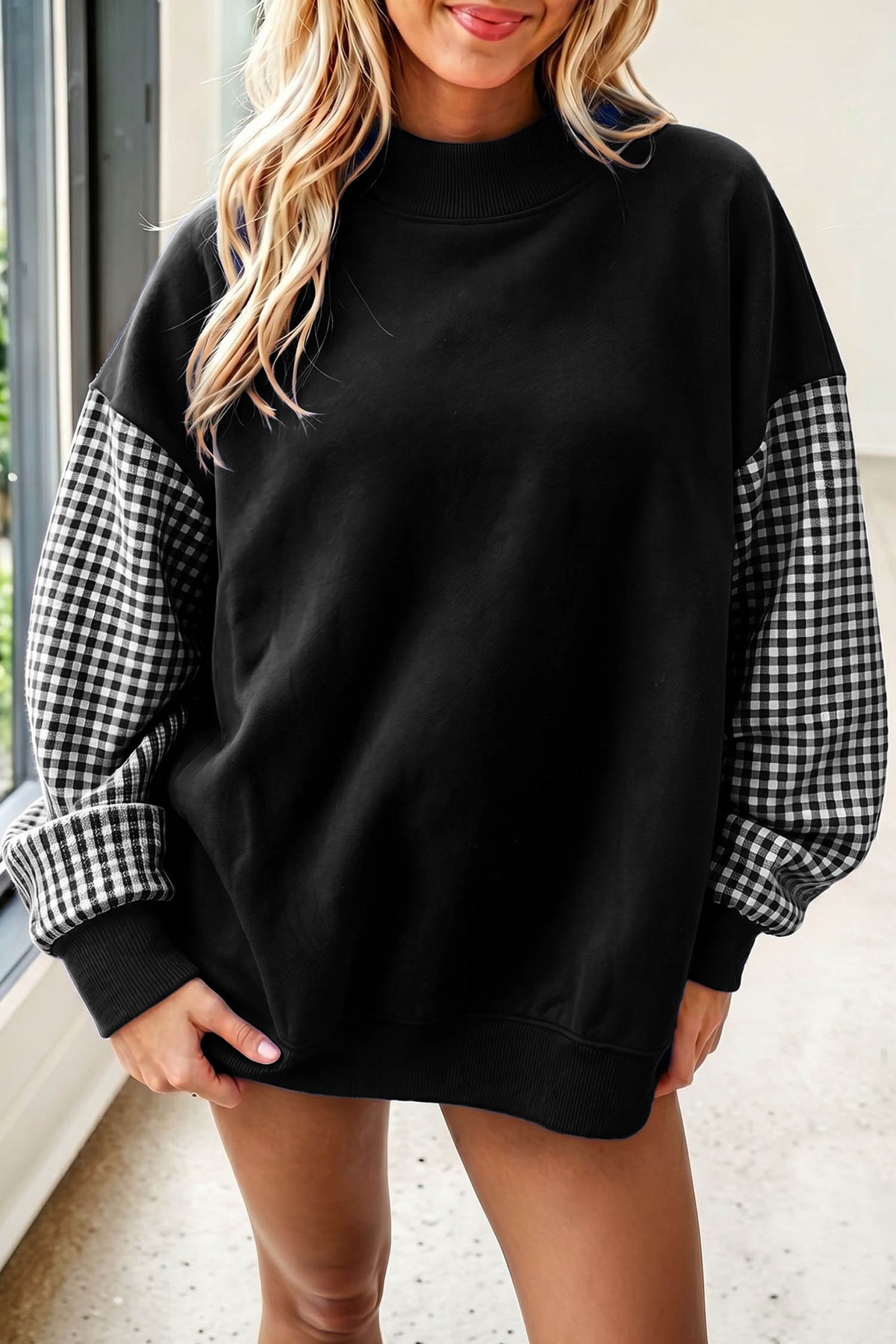 Dear-Lover plaid sleeve loose tunic sweatshirt featuring evergreen colorblock design, casual long-sleeve top for women.