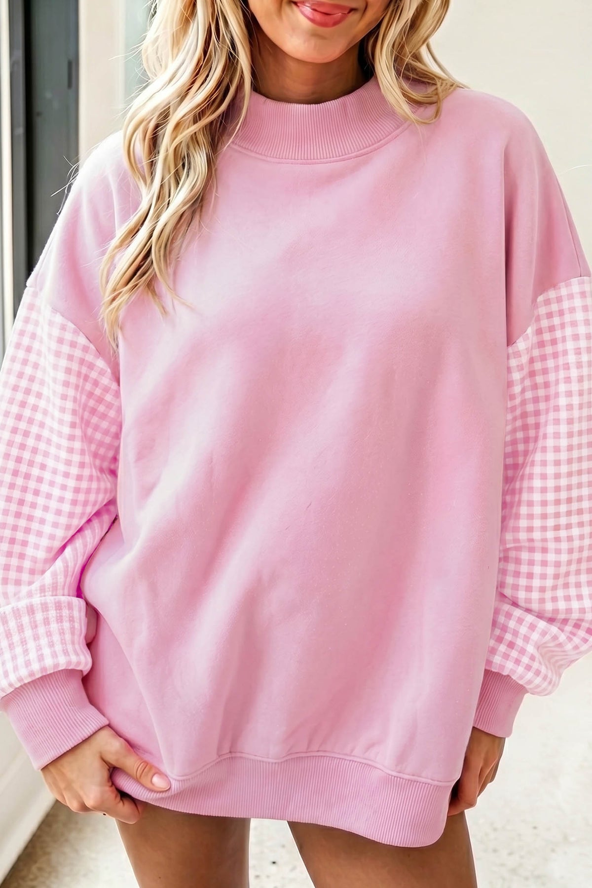 Dear-Lover plaid sleeve loose tunic sweatshirt in green, colorblock design, casual long-sleeve top for women.