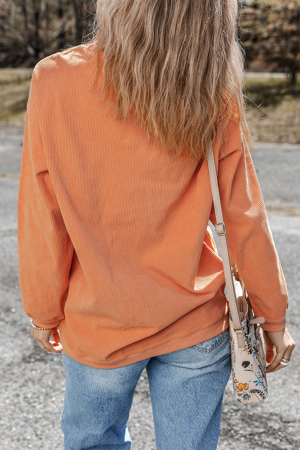 Orange ribbed corduroy oversized sweatshirt by Dear-Lover Dropshipping, featuring a cozy, textured fabric and relaxed fit.