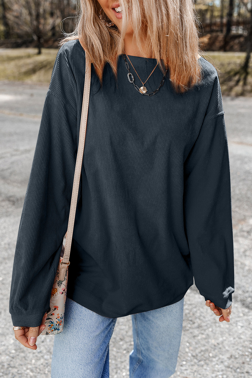Orange ribbed corduroy oversized sweatshirt by Dear-Lover Dropshipping, featuring a cozy, textured fabric and relaxed fit.