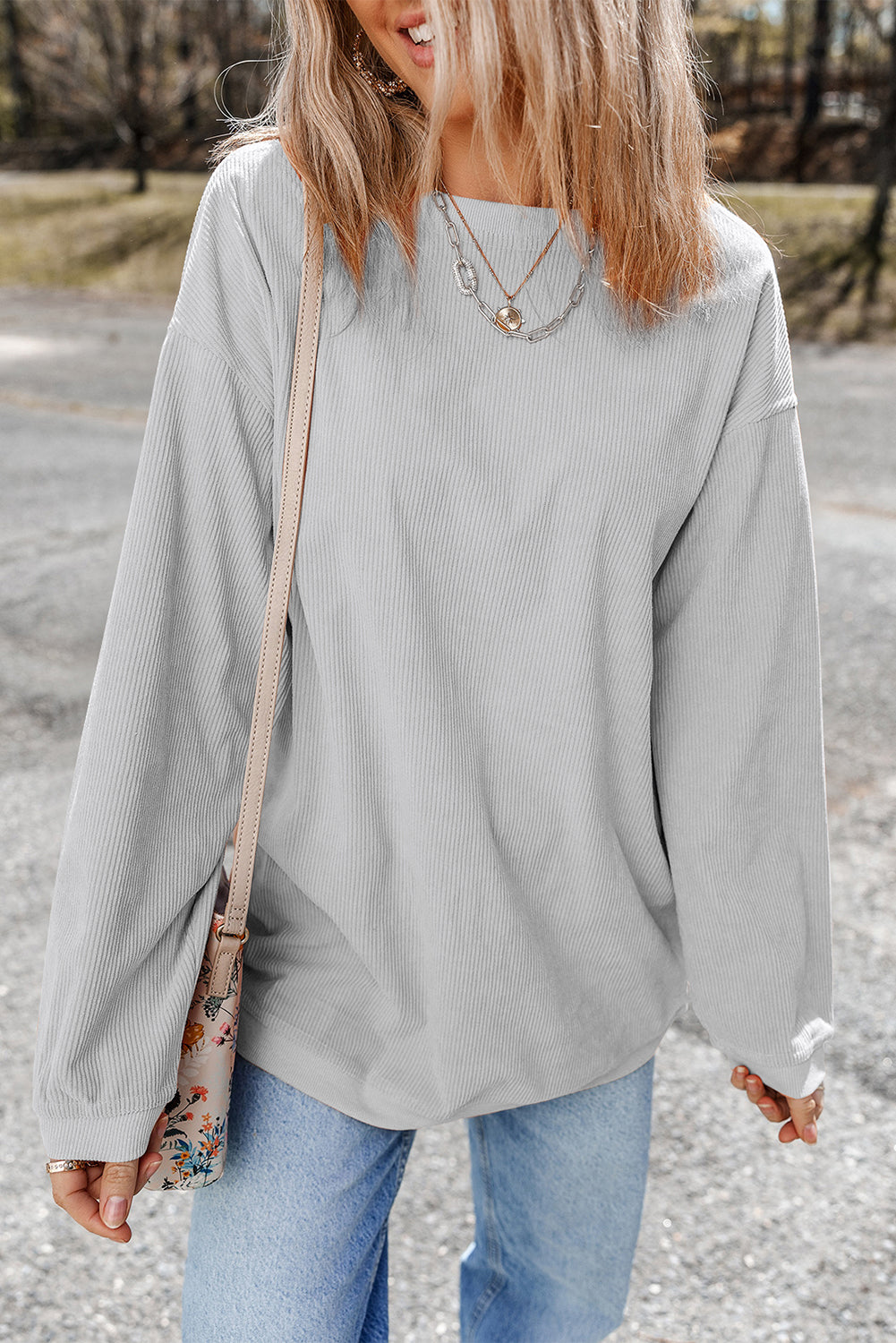 Orange ribbed corduroy oversized sweatshirt from Dear-Lover Dropshipping, featuring a cozy, relaxed fit with textured fabric.