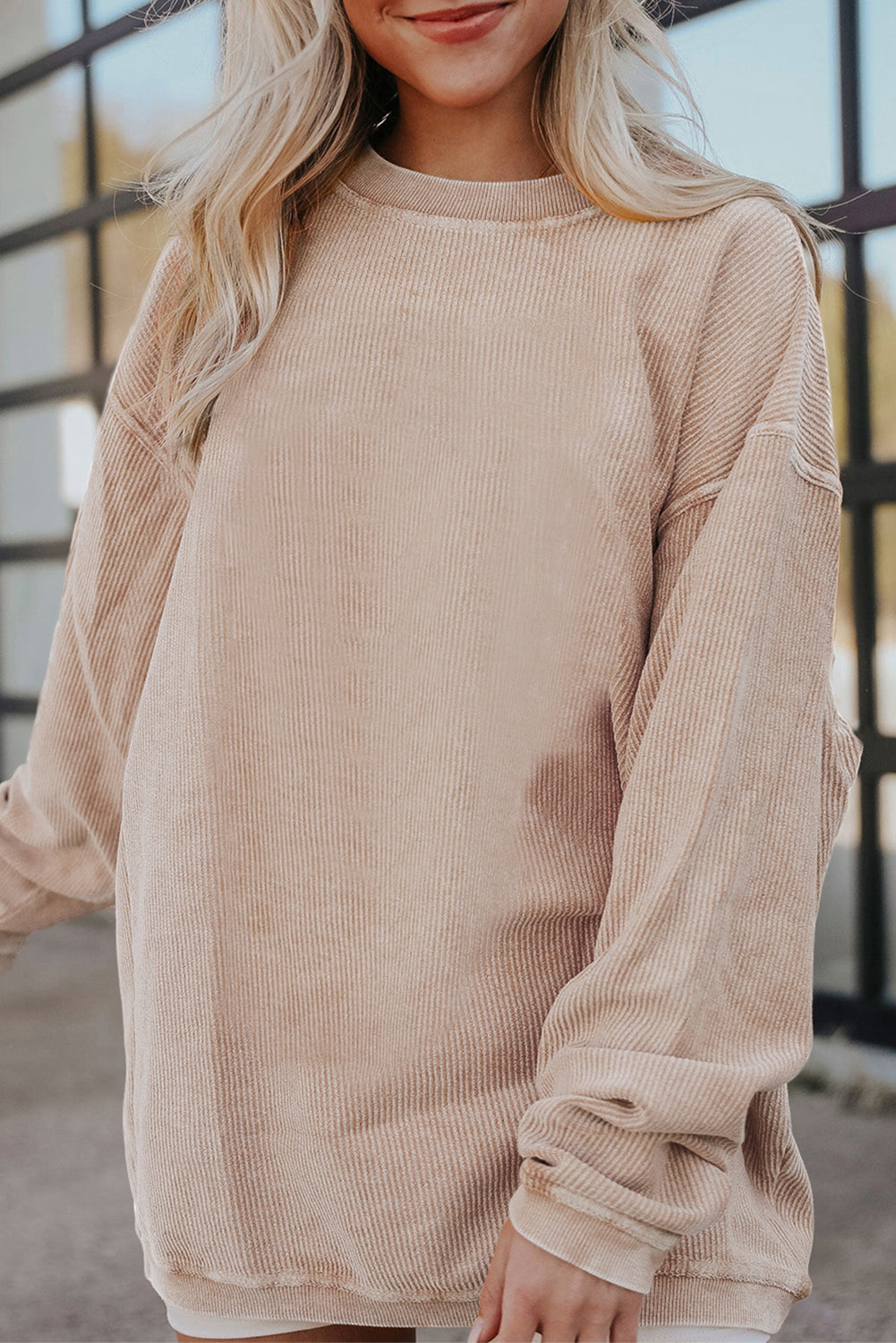 Orange ribbed corduroy oversized sweatshirt from Dear-Lover, casual long-sleeve top with a cozy, textured fabric.