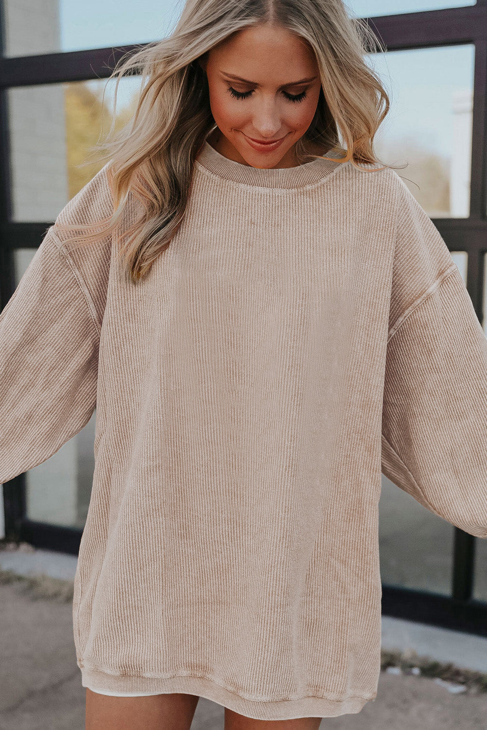 Orange ribbed corduroy oversized sweatshirt from Dear-Lover, featuring a cozy, textured fabric and relaxed fit.