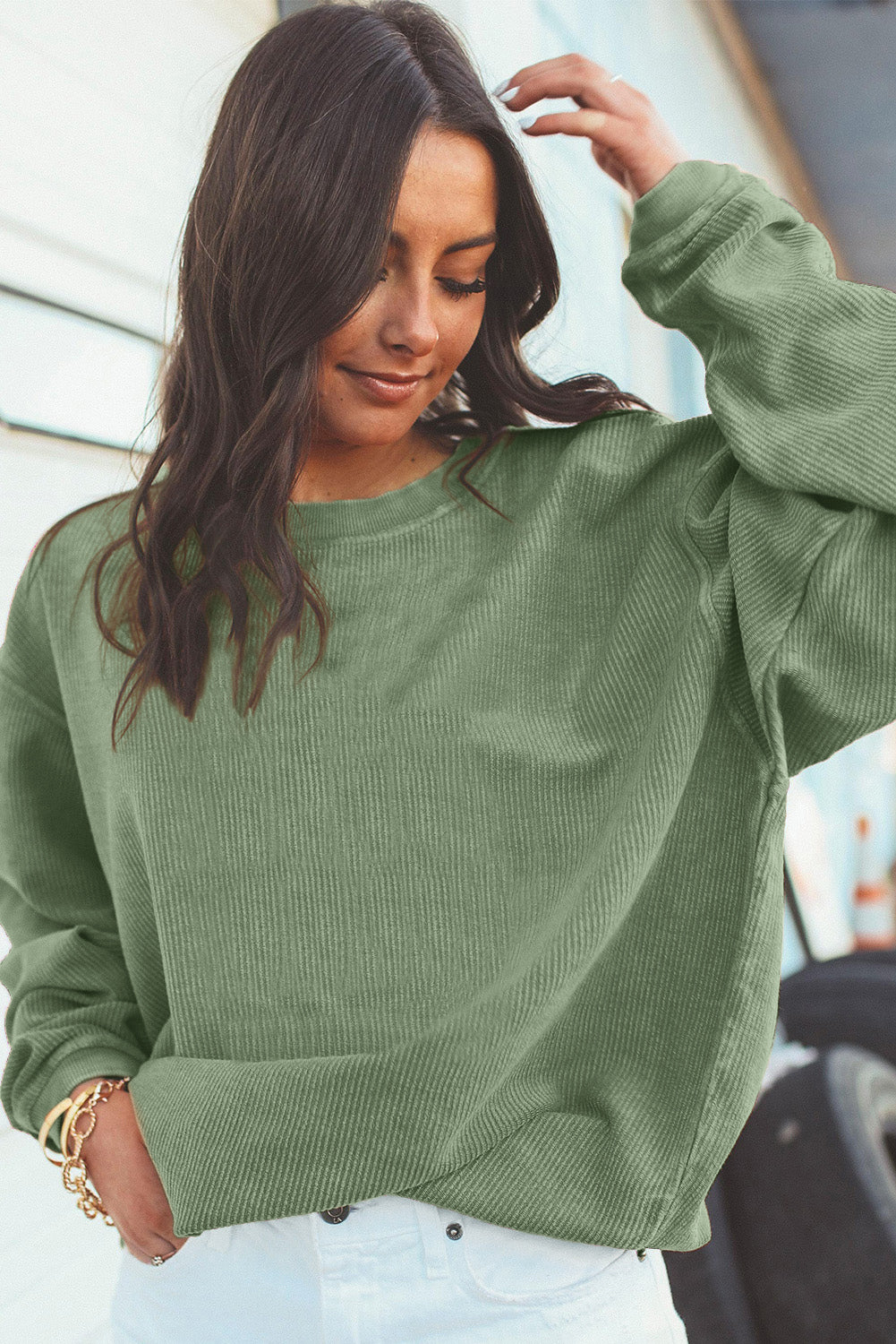 Orange ribbed corduroy oversized sweatshirt from Dear-Lover Dropshipping, featuring a cozy, relaxed fit and textured fabric.