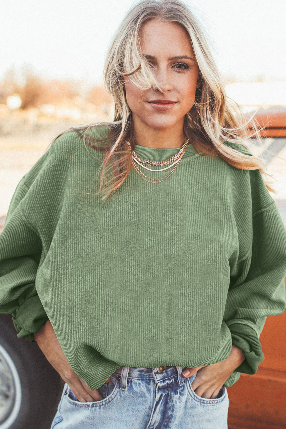 Orange ribbed corduroy oversized sweatshirt from Dear-Lover, casual tops with a cozy, textured fabric and relaxed fit.