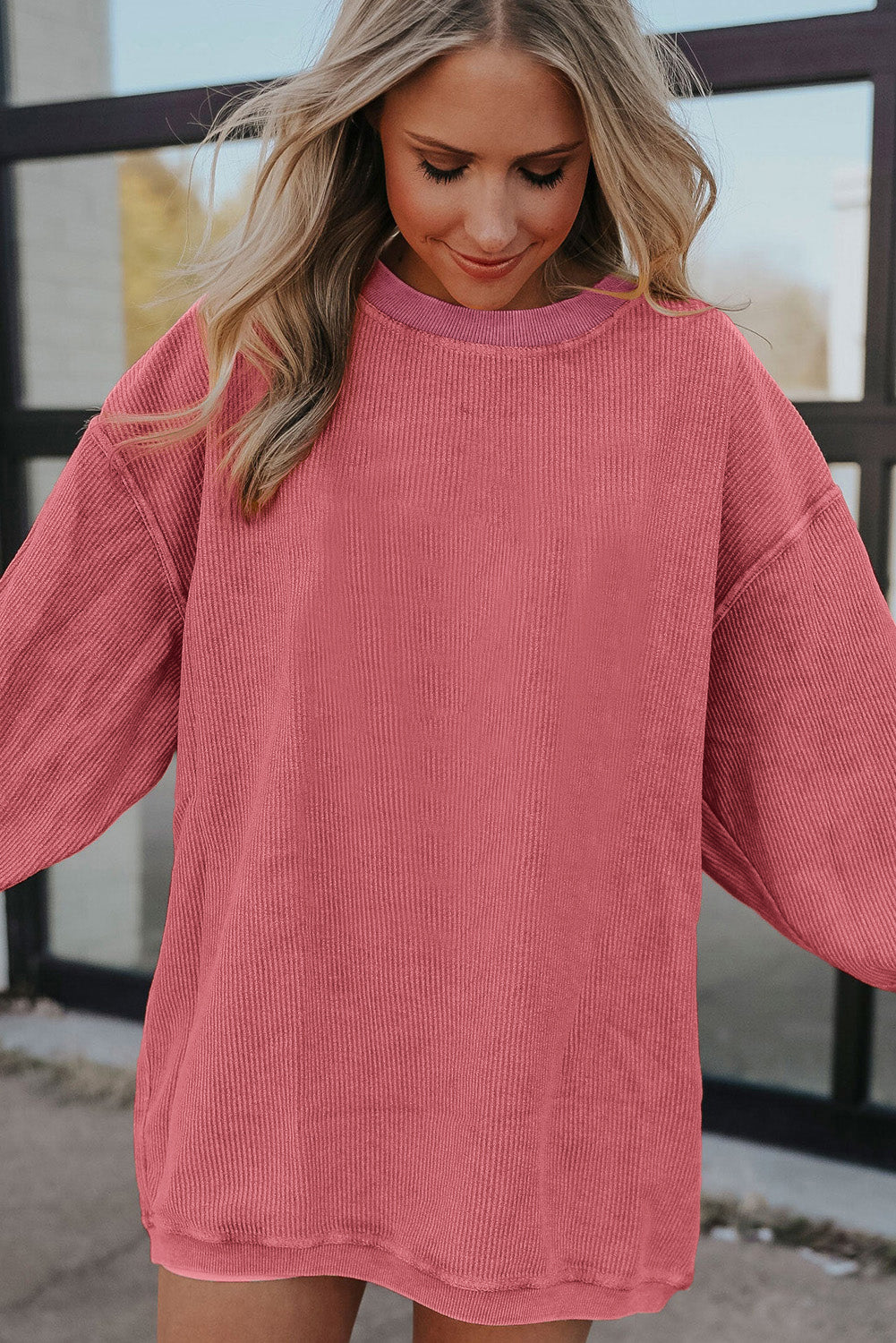 Orange ribbed corduroy oversized sweatshirt from Dear-Lover, soft polyester fabric, casual tops, cozy and stylish for everyday wear.