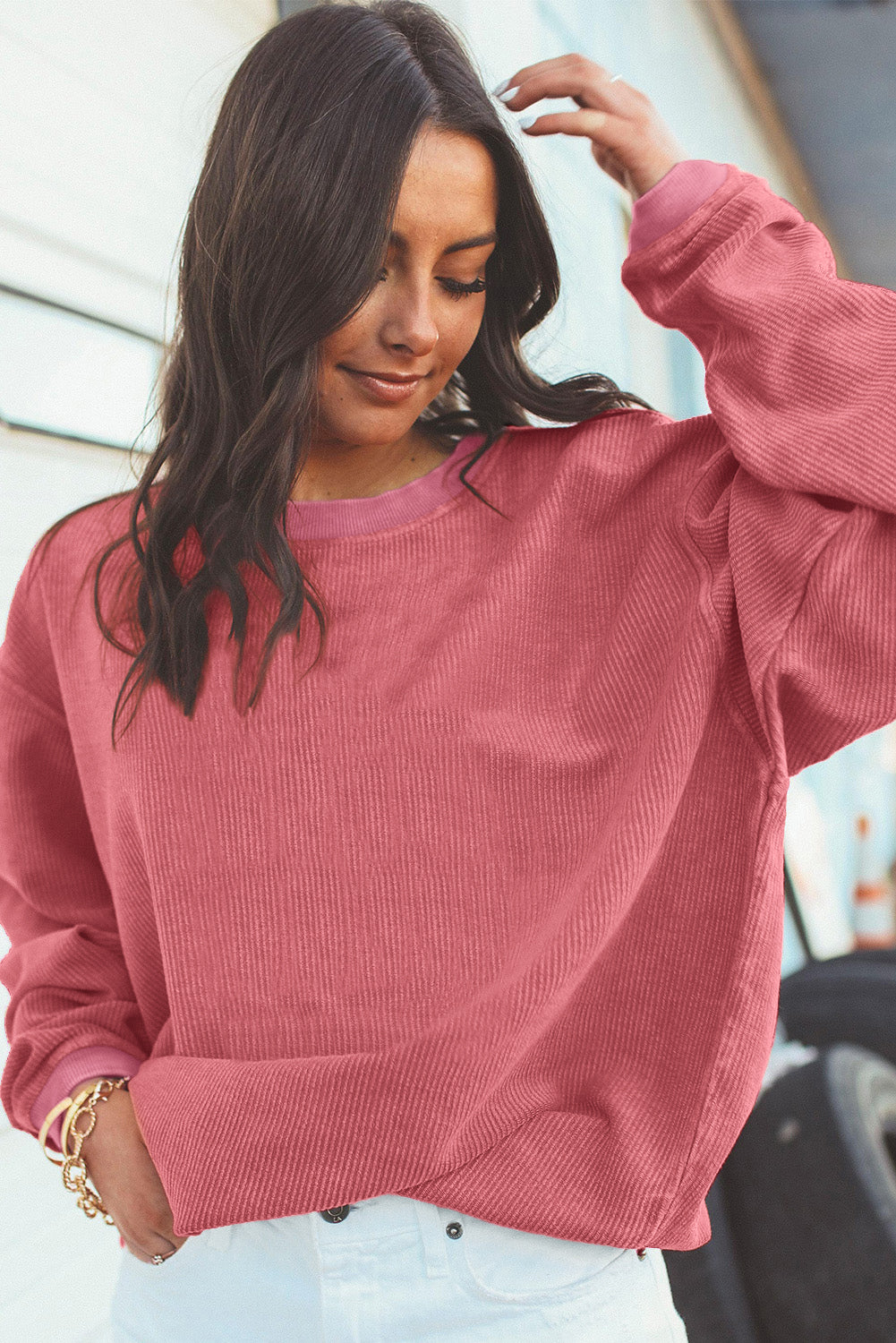 Orange ribbed corduroy oversized sweatshirt from Dear-Lover, featuring a cozy, relaxed fit and textured fabric.