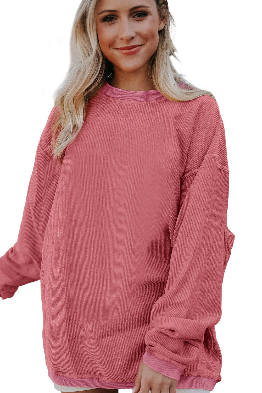 Orange ribbed corduroy oversized sweatshirt from Dear-Lover Dropshipping, featuring a cozy, relaxed fit and textured fabric.