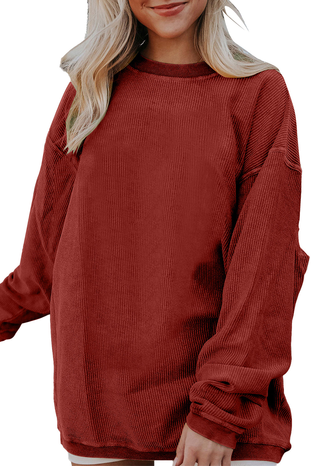 Orange ribbed corduroy oversized sweatshirt by Dear-Lover, featuring a cozy, relaxed fit and textured fabric.