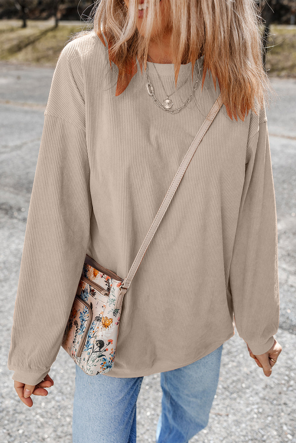 Orange ribbed corduroy oversized sweatshirt from Dear-Lover, featuring a cozy, relaxed fit and textured fabric.