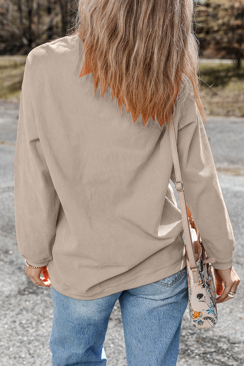 Orange ribbed corduroy oversized sweatshirt from Dear-Lover Dropshipping, featuring a cozy, textured fabric and relaxed fit.