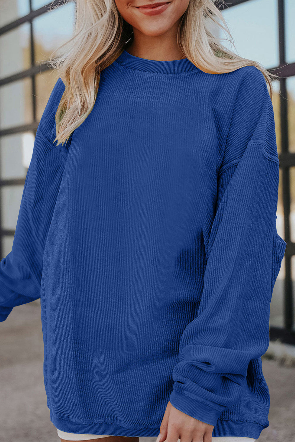 Orange ribbed corduroy oversized sweatshirt from Dear-Lover, casual tops with a relaxed fit and textured fabric.
