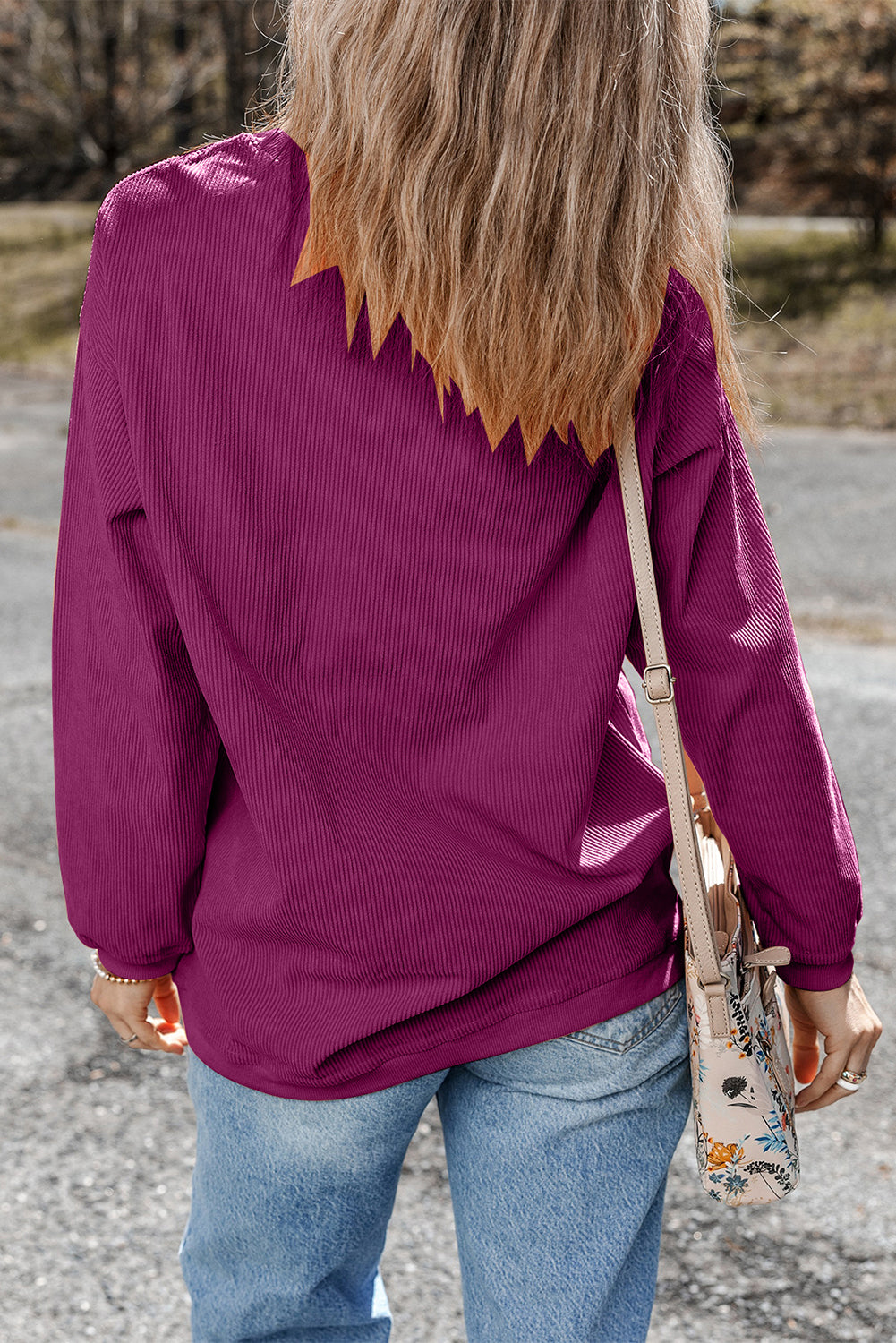 Orange ribbed corduroy oversized sweatshirt by Dear-Lover Dropshipping, showing a cozy, textured top with a relaxed fit.