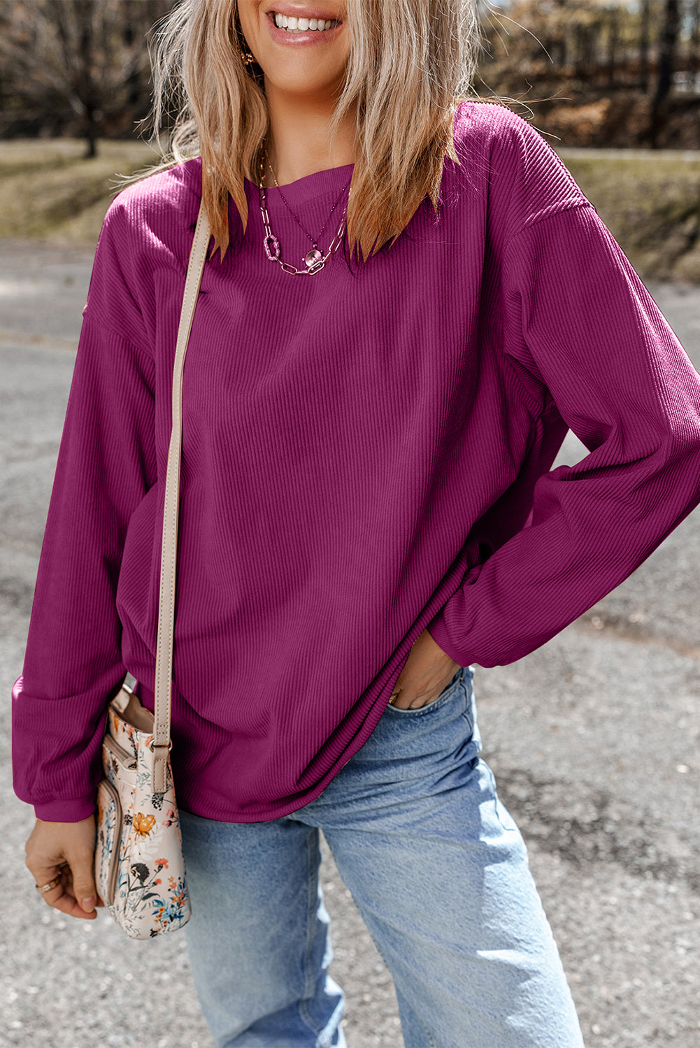 Orange ribbed corduroy oversized sweatshirt by Dear-Lover, showcasing a relaxed fit and textured fabric in a casual top style.