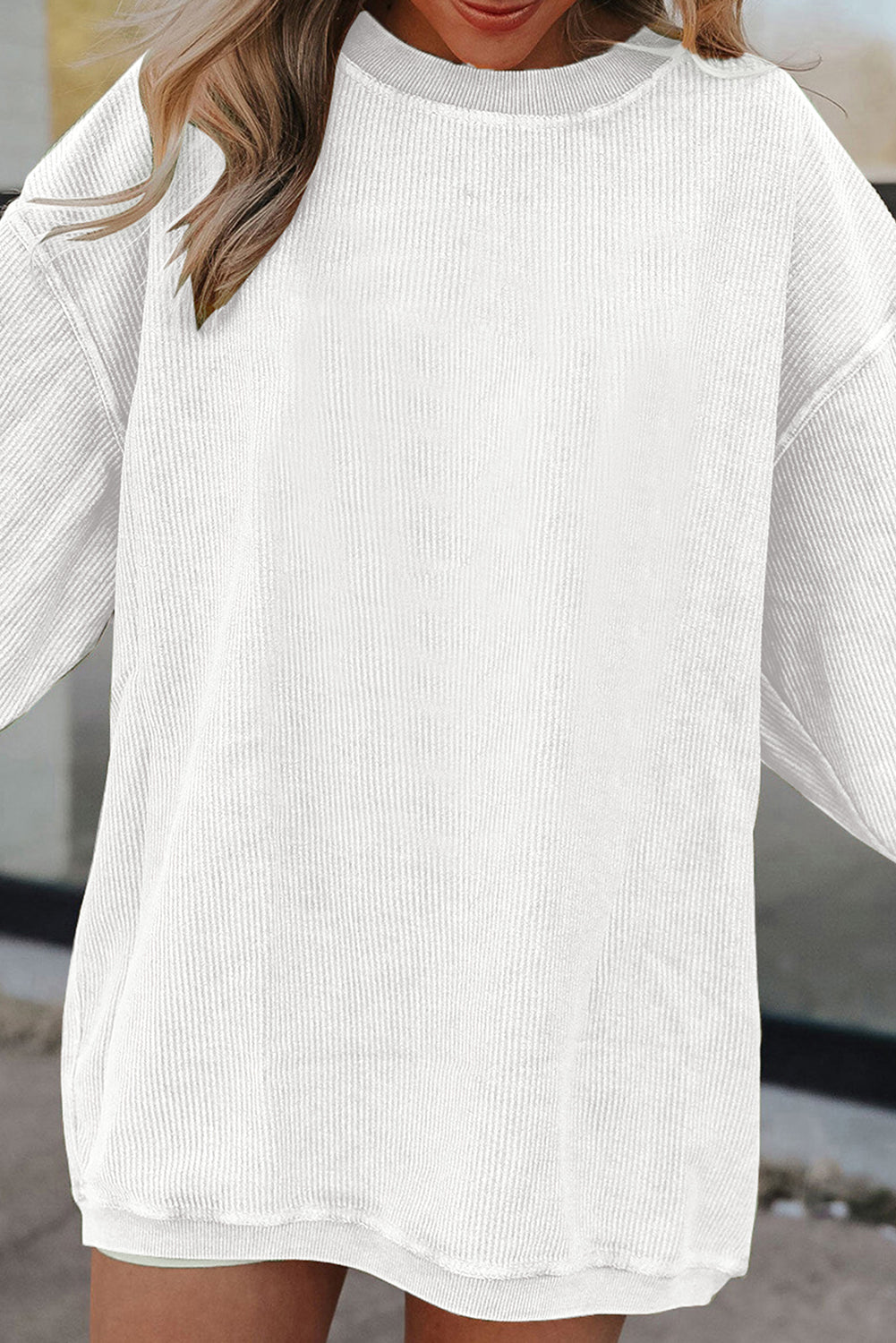 Orange ribbed corduroy oversized sweatshirt from Dear-Lover Dropshipping, casual long-sleeve top with a cozy, textured fabric.