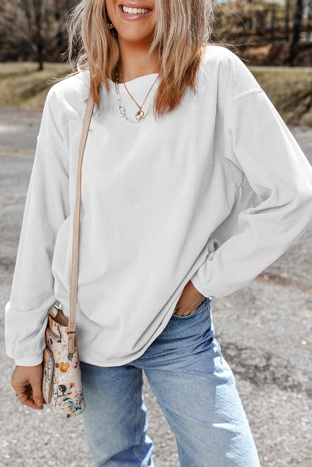Orange ribbed corduroy oversized sweatshirt from Dear-Lover Dropshipping, featuring a cozy, textured fabric and relaxed fit.
