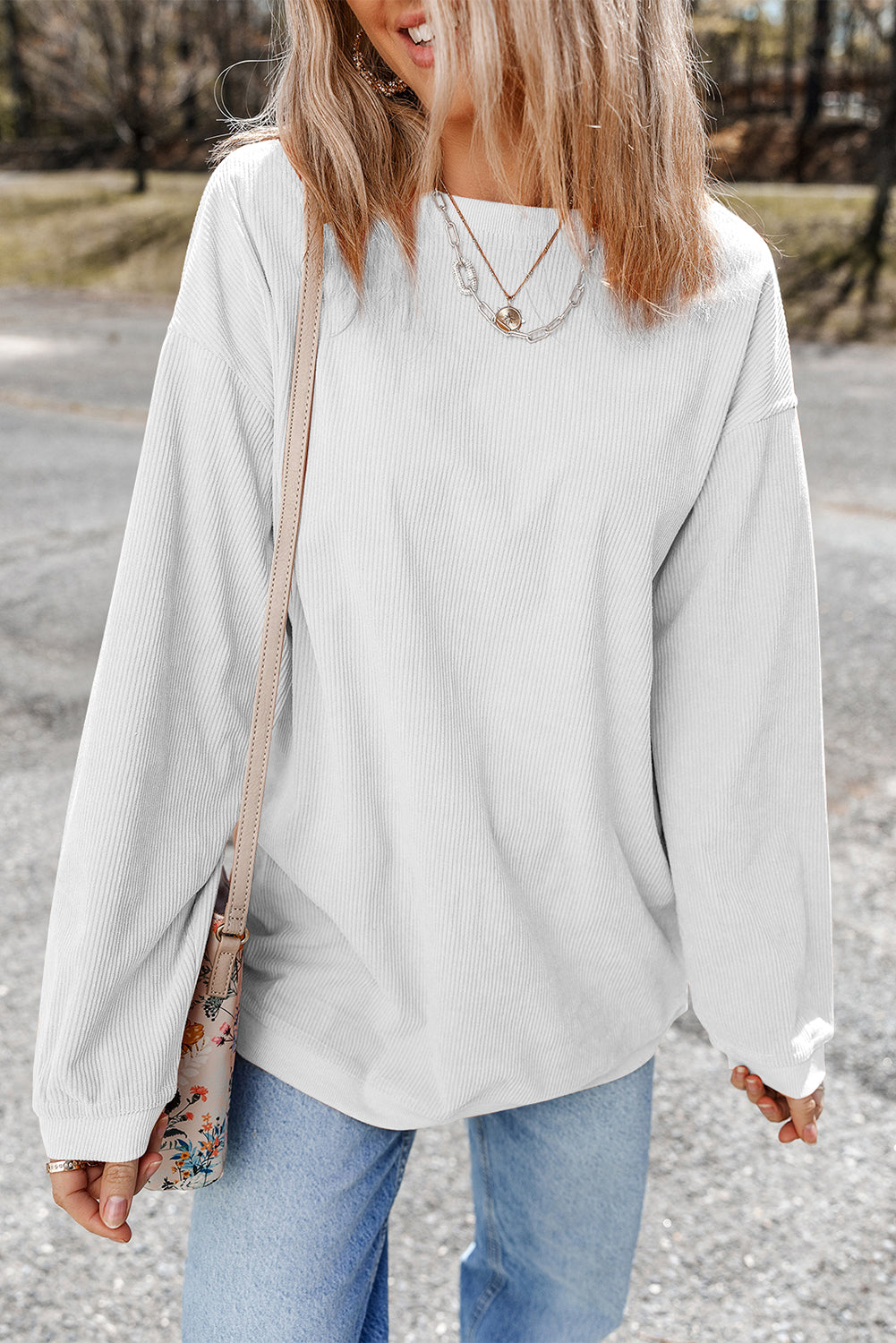 Orange ribbed corduroy oversized sweatshirt from Dear-Lover Dropshipping, featuring a relaxed fit and textured fabric.