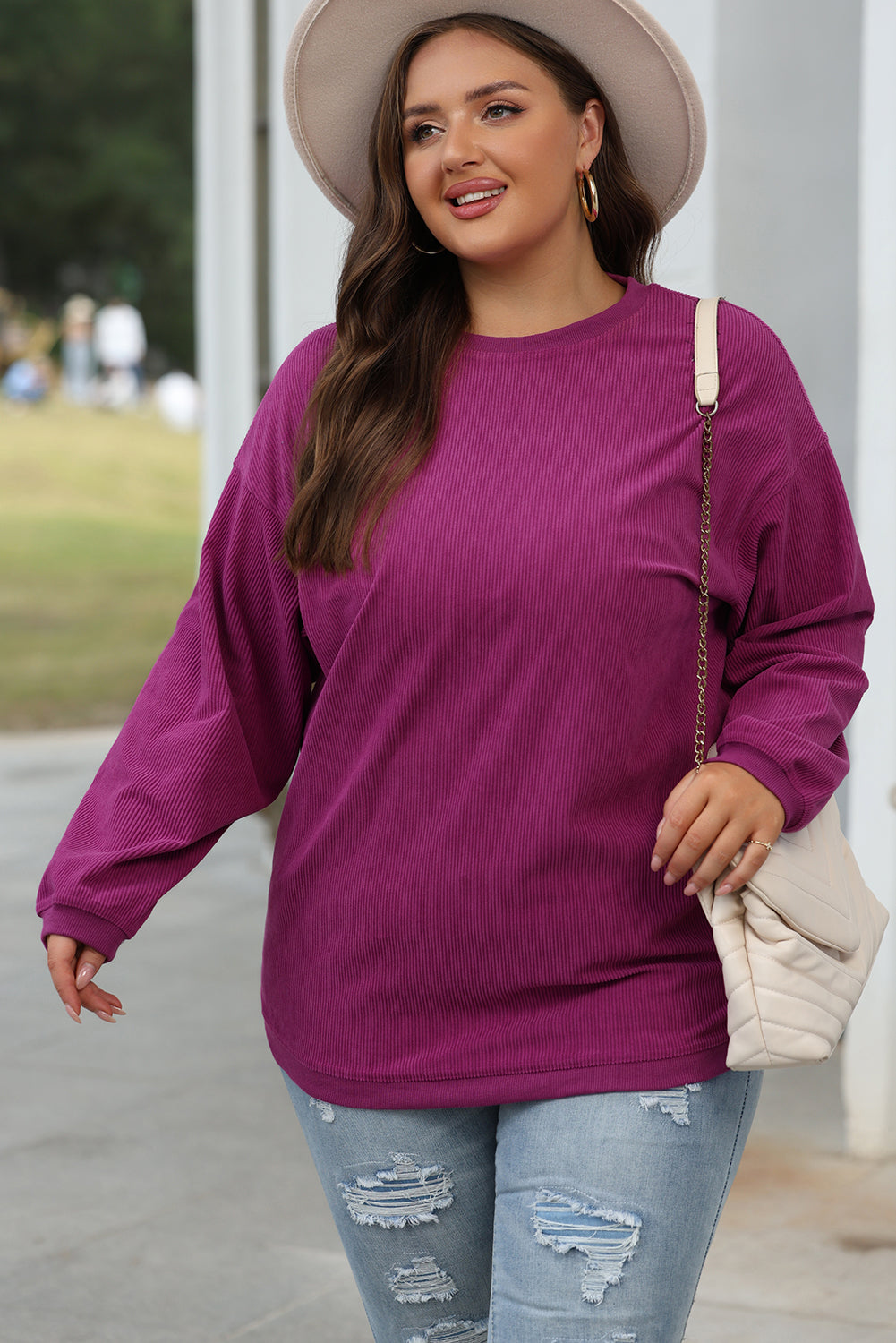 Orange ribbed corduroy oversized sweatshirt by Dear-Lover, casual top with a relaxed fit and textured fabric.