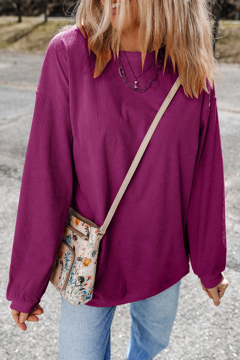 Orange ribbed corduroy oversized sweatshirt from Dear-Lover Dropshipping, featuring a cozy, relaxed fit and textured fabric.
