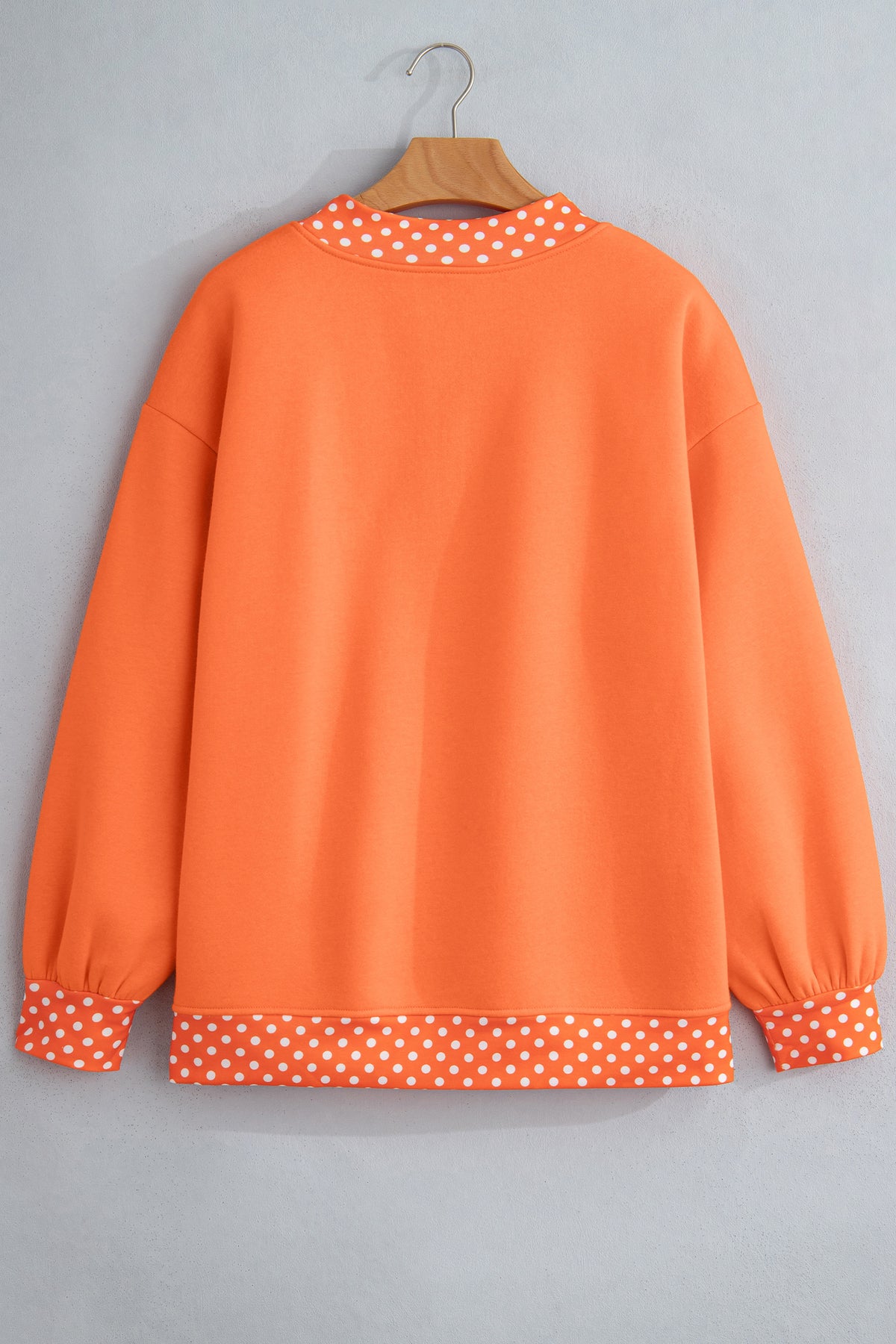Orange colorblock polka dot oversized sweatshirt by Dear-Lover with contrast trim, made of polyester and cotton, casual top.