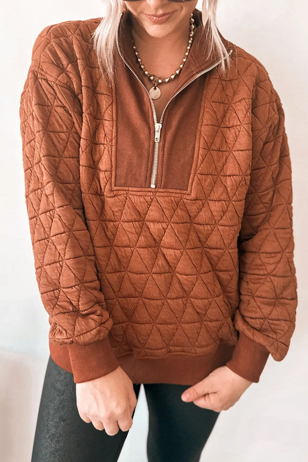 Yellow geometric quilted loose sweatshirt with half zipper, made of polyester and elastane, by Dear-Lover Dropshipping.