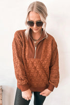 Yellow geometric quilted sweatshirt by Dear-Lover Dropshipping, loose fit with half zipper, made of polyester and elastane.