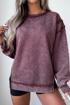 Mineral Wash Exposed Seam Side Slit Sweatshirt by Dear-Lover Dropshipping, cotton-polyester blend, casual top with side slit details.