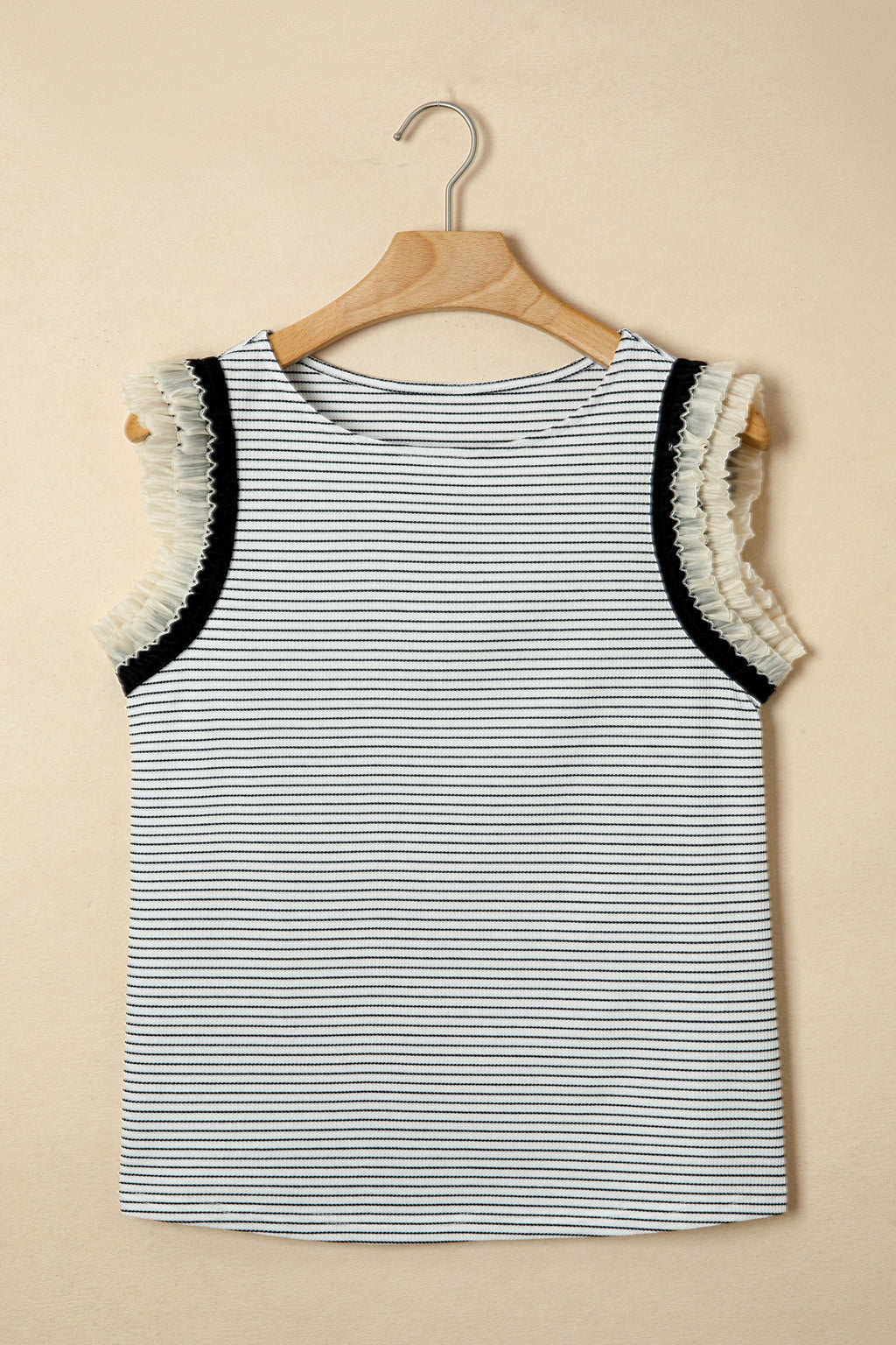 Black stripe casual tank top with contrasting ruffle trim from Dear-Lover, made of polyester and elastane, perfect for relaxed wear.