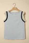 Black stripe casual tank top with contrasting ruffle trim from Dear-Lover, made of polyester and elastane, perfect for relaxed wear.