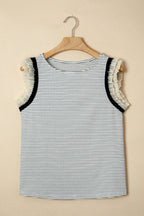 Black stripe casual tank top with contrasting ruffle trim from Dear-Lover, made of polyester and elastane, perfect for relaxed wear.