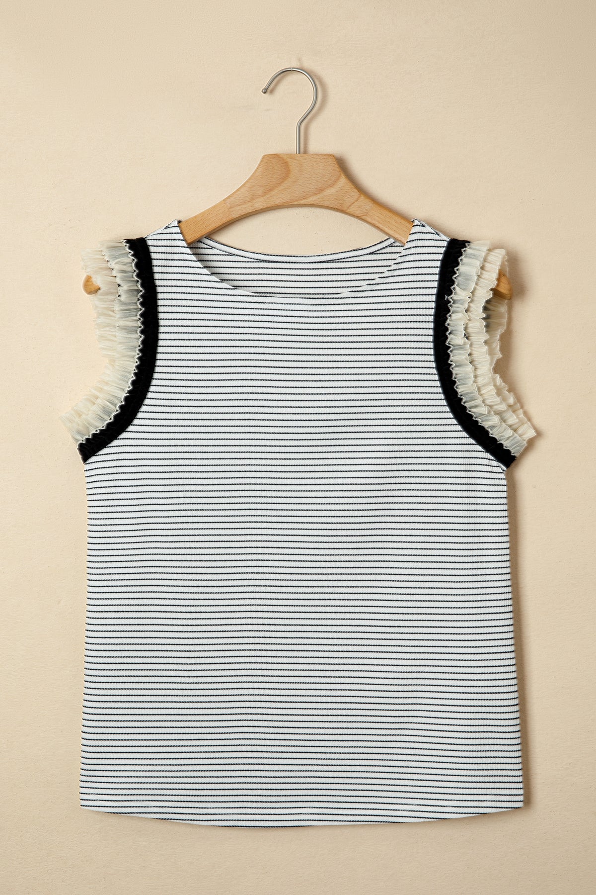 Black stripe casual tank top with contrasting ruffle trim from Dear-Lover, made of polyester and elastane, perfect for relaxed wear.