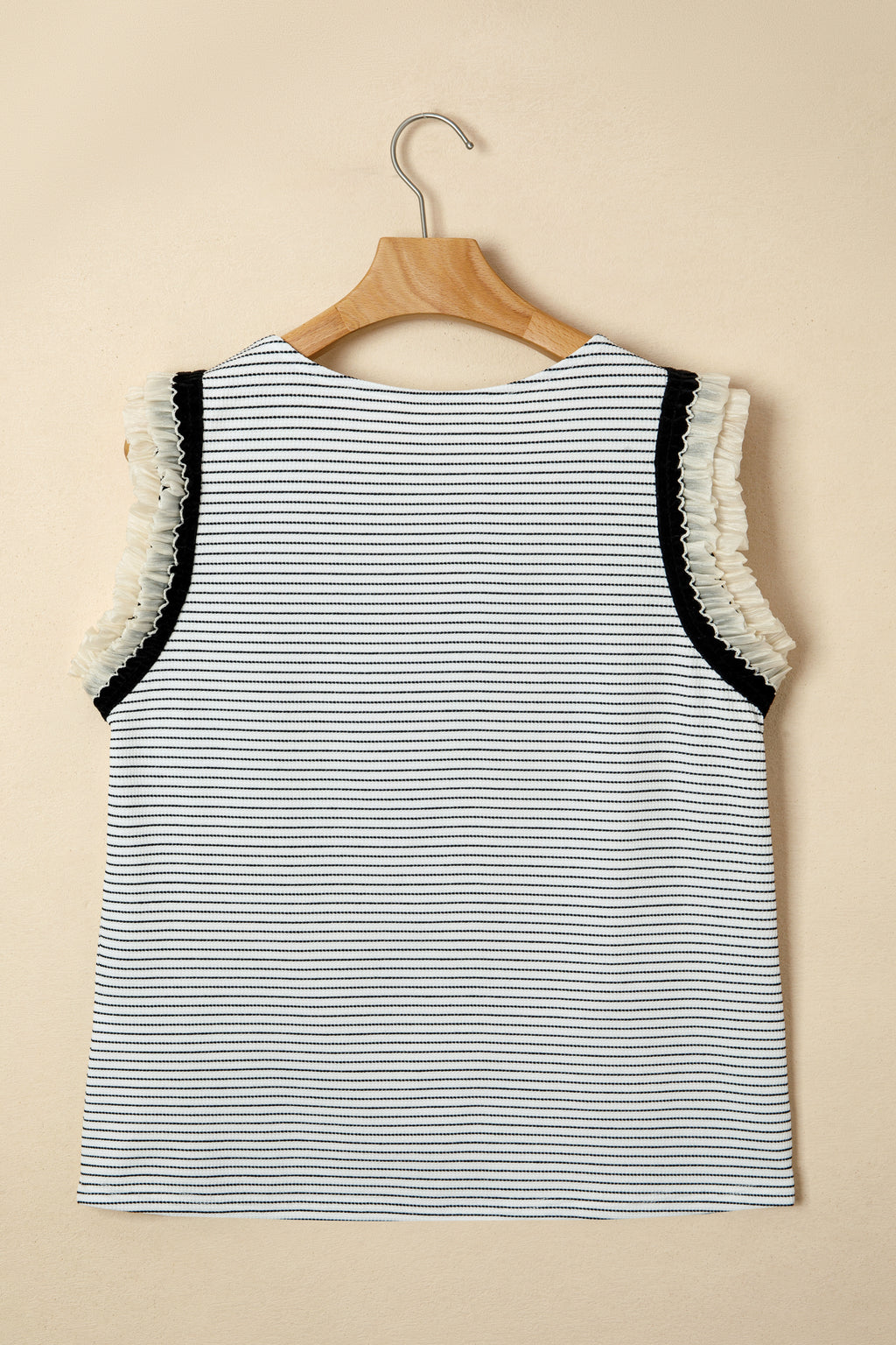Black stripe casual tank top with contrasting ruffle trim from Dear-Lover, made of polyester and elastane, casual sleeveless top.