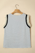 Black stripe casual tank top with contrasting ruffle trim from Dear-Lover, made of polyester and elastane, casual sleeveless top.