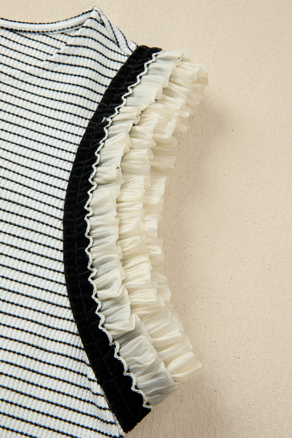 Black stripe casual tank top with contrasting ruffle trim, made from polyester and elastane, by Dear-Lover.