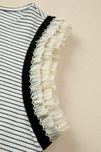 Black stripe casual tank top with contrasting ruffle trim, made from polyester and elastane, by Dear-Lover.