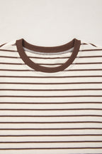 Brown stripe ribbed tank top with round neck trim, loose fit, made of cotton and elastane, by Dear-Lover.
