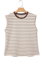 Brown stripe ribbed loose tank top with round neck trim, made of cotton and elastane, by Dear-Lover Dropshipping.