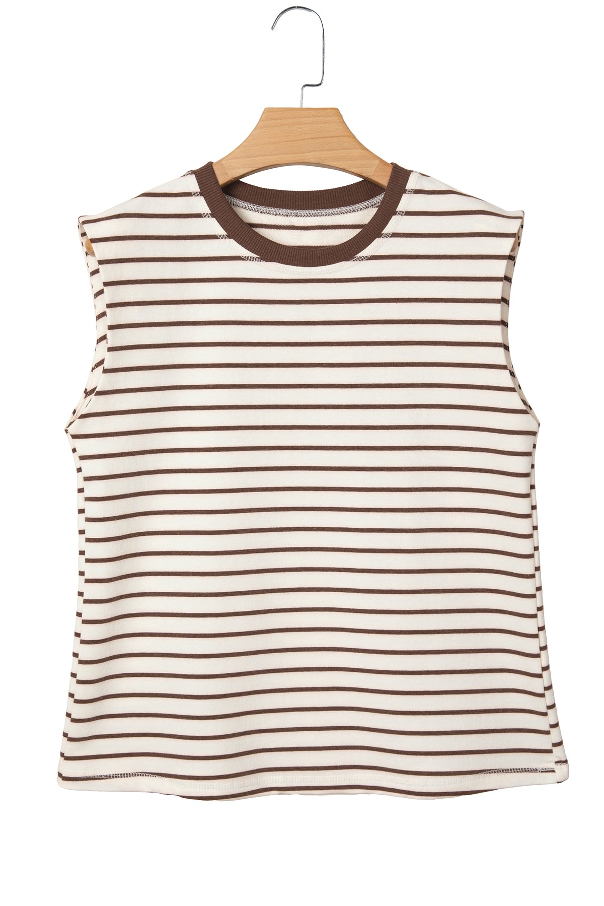 Brown stripe ribbed loose tank top with round neck trim, made of cotton and elastane, by Dear-Lover Dropshipping.