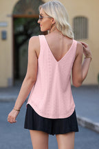 Light pink eyelet knit patterned loose V-neck tank top from Dear-Lover Dropshipping, displayed on a hanger.