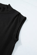 Black solid color high neck cap sleeve loose top by Dear-Lover, made of polyester and cotton, shown on a hanger.