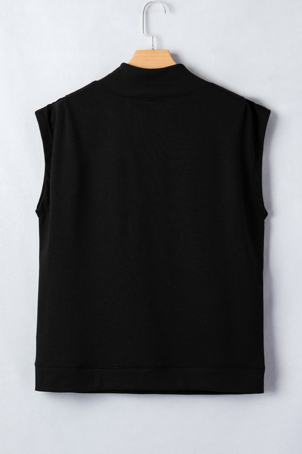Black solid color high neck cap sleeve loose top from Dear-Lover, made of polyester and cotton, suitable for casual wear.