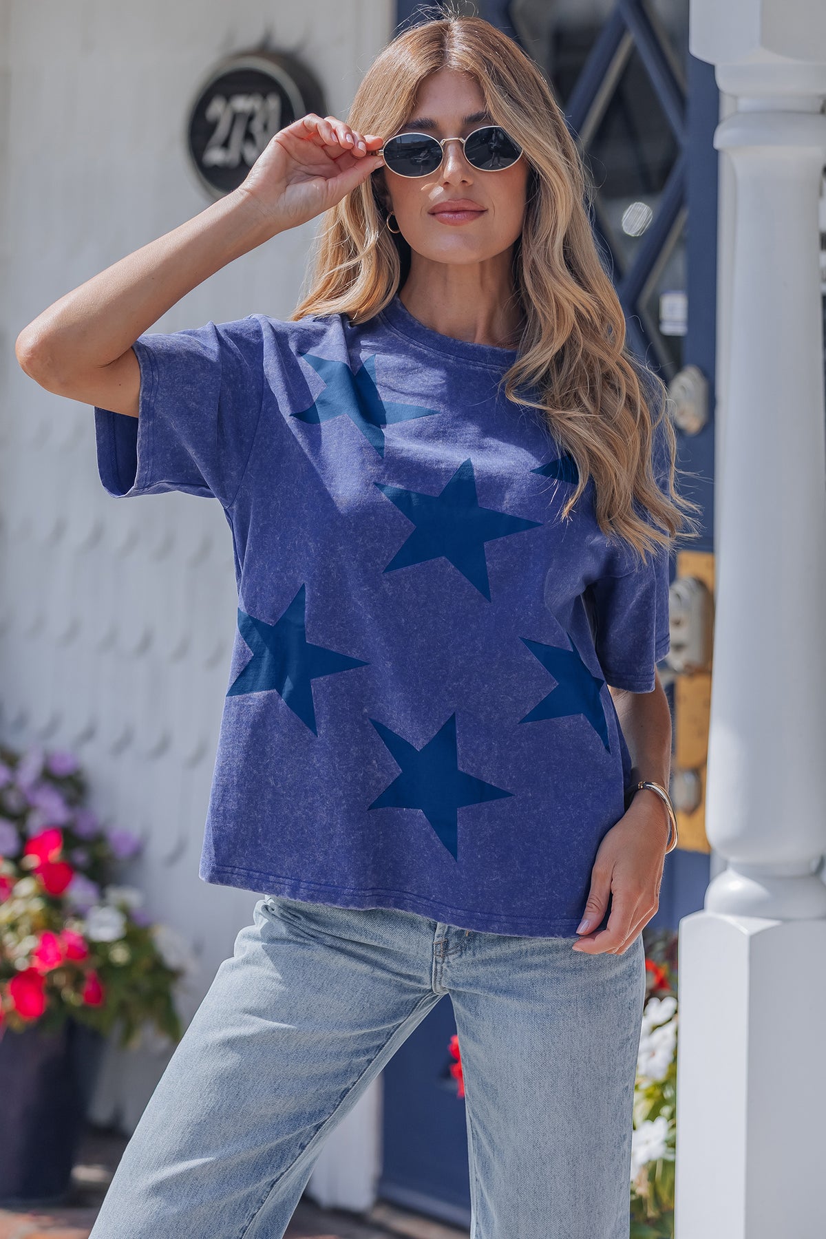 Blue mineral wash T-shirt with Independence Day star print from Dear-Lover, casual cotton top featuring patriotic design.