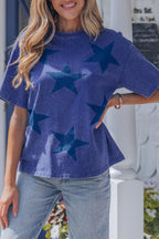 Blue Dear-Lover star printed mineral wash T-shirt, Independence Day themed, soft cotton, casual tops & tees for men and women.