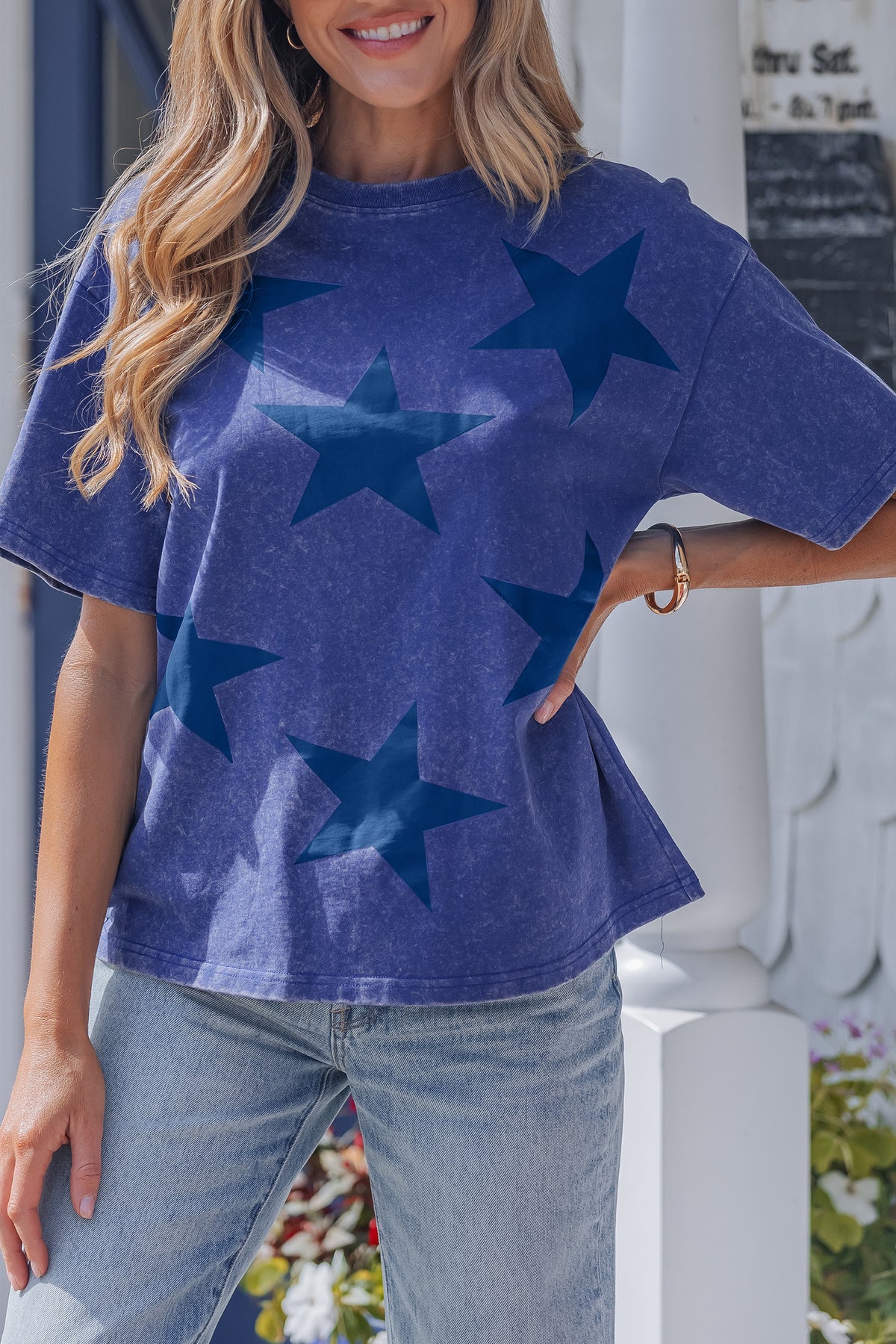 Blue Dear-Lover star printed mineral wash T-shirt, Independence Day themed, soft cotton, casual tops & tees for men and women.