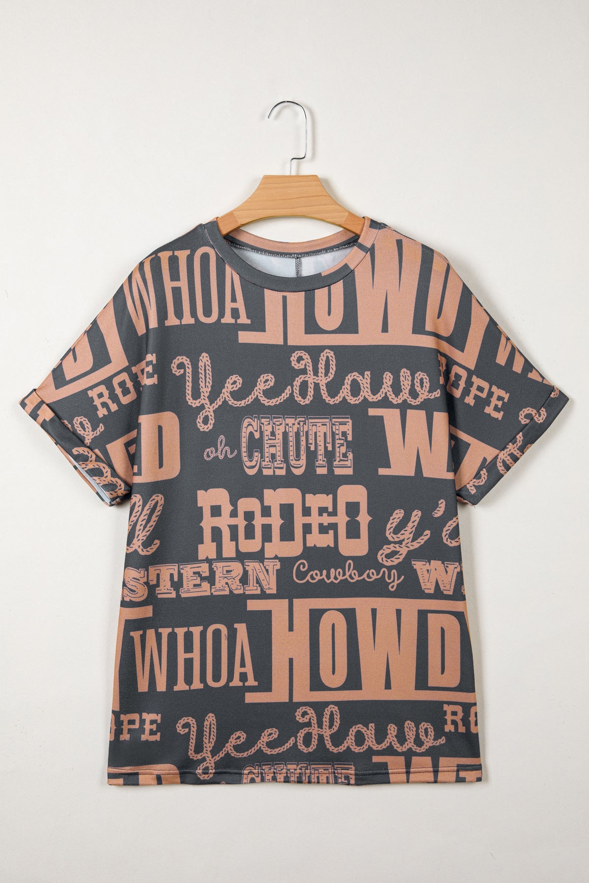 Dark grey Dear-Lover cowboy letter printed western fashion tee, polyester-elastane blend, casual top with Western design.