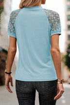 Mist blue contrast lace raglan sleeve tee with seamed detail, made of polyester, viscose, and elastane, by Dear-Lover Tops & Tees.