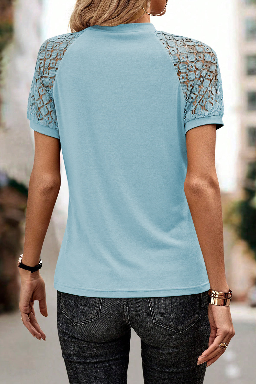 Mist blue contrast lace raglan sleeve tee with seamed detail, made of polyester, viscose, and elastane, by Dear-Lover Tops & Tees.